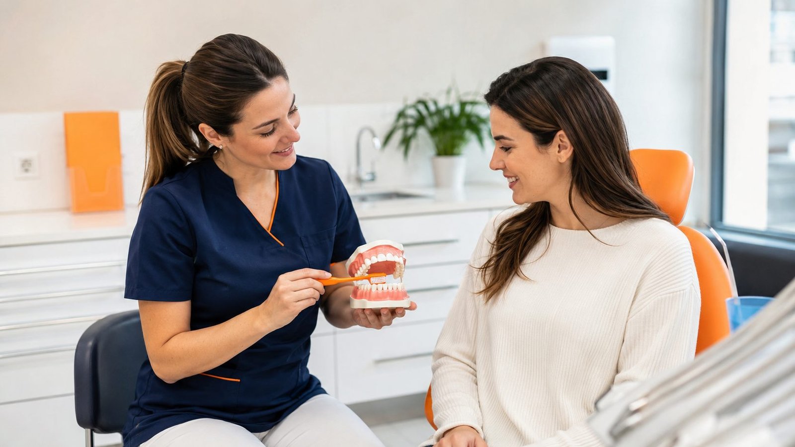 Una higienista dental muestra un modelo de dentadura a una paciente adulta sentada frente a ella, en el gabinete de una clínica.