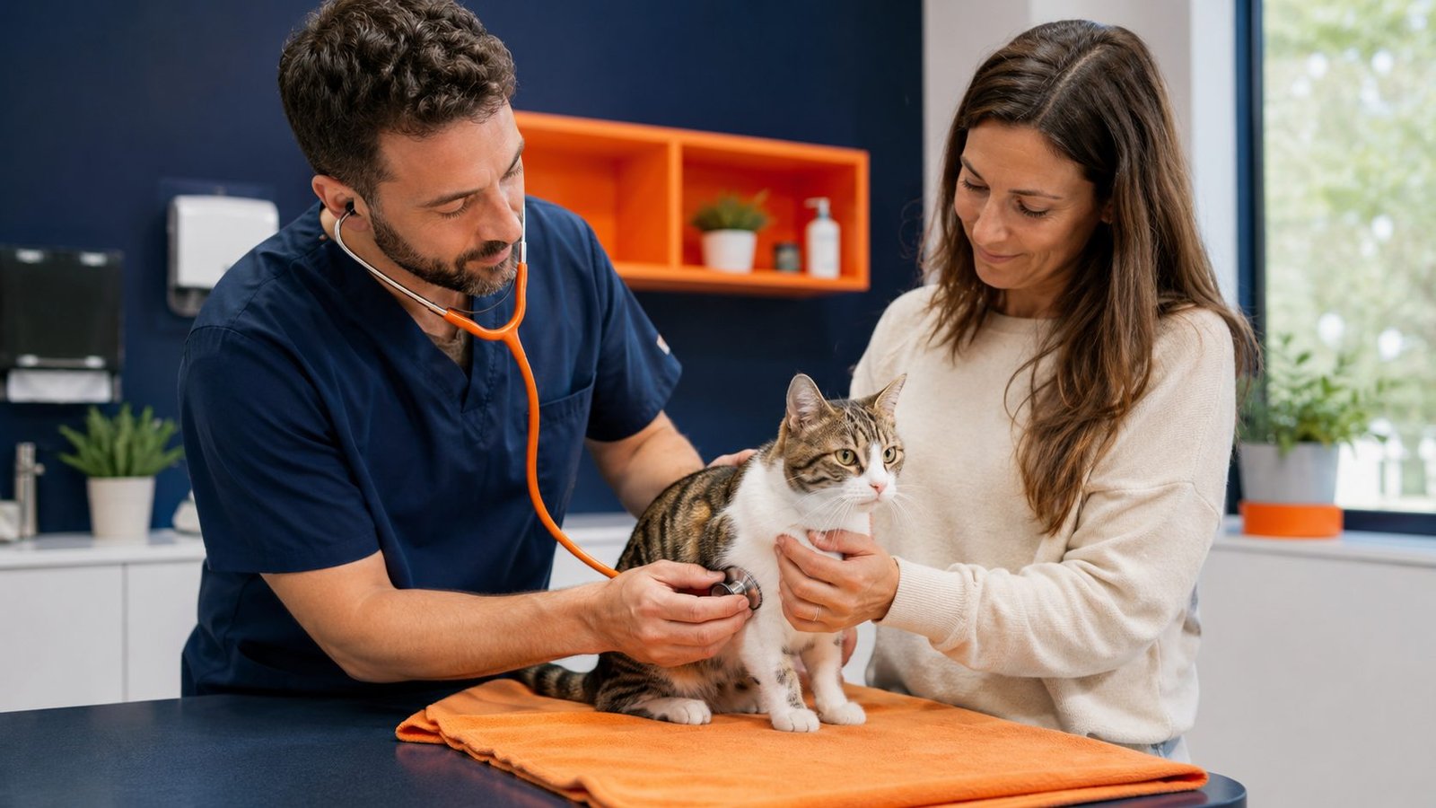 Un veterinario ausculta con el fonendoscopio a un gato sobre la mesa de exploración, sujetado por su propietaria.