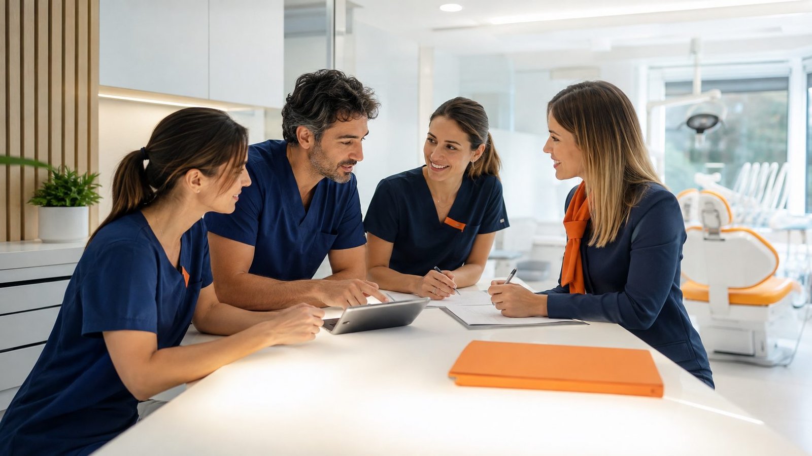 Cuatro profesionales de una clínica dental conversan alrededor de una mesa, con un gabinete al fondo.