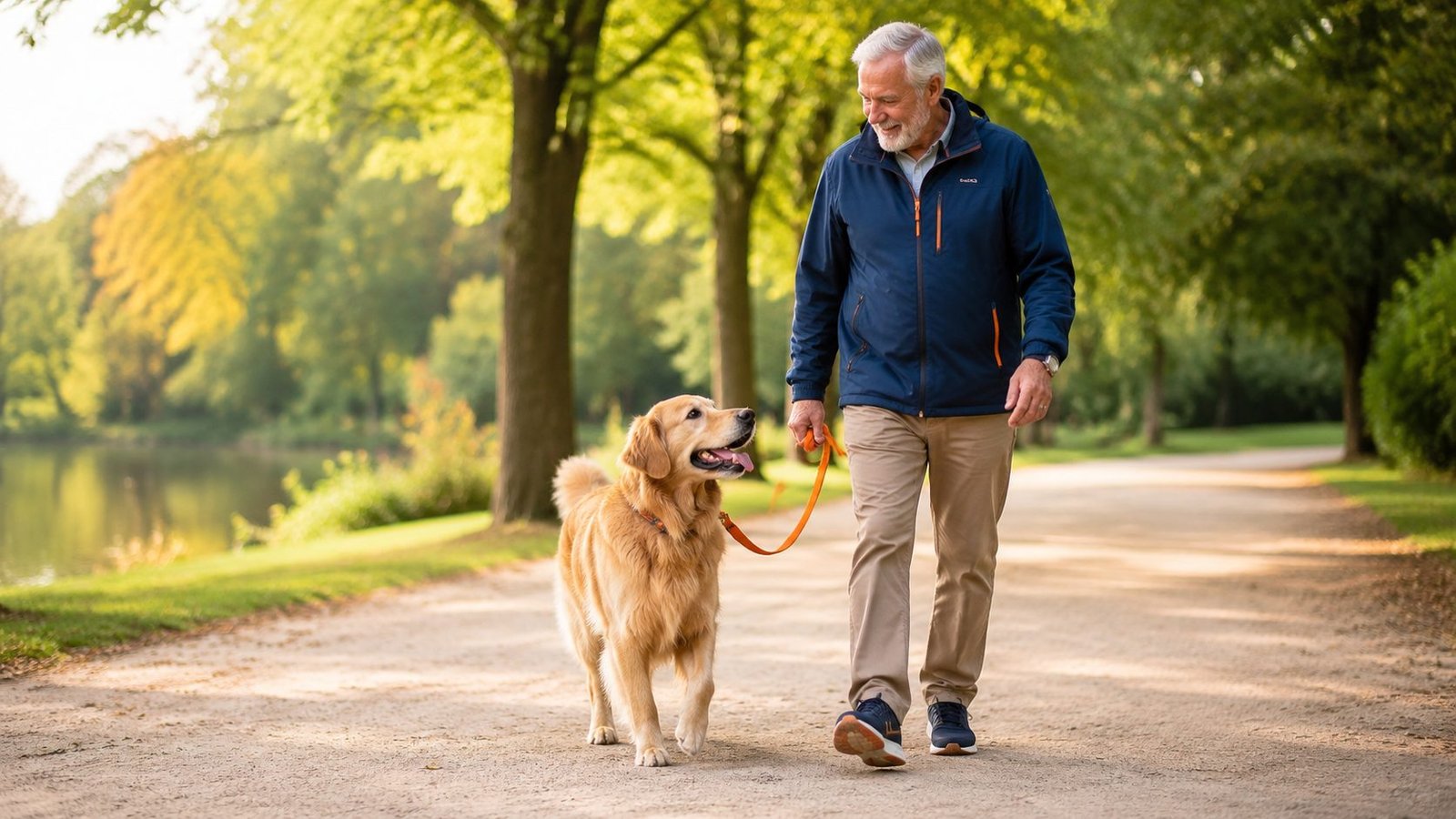 Un hombre pasea a su perro por un camino arbolado junto a un lago, con luz natural de tarde.